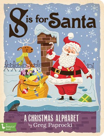 cover of book with retro style graphics of santa on a roof top with sack of gifts.