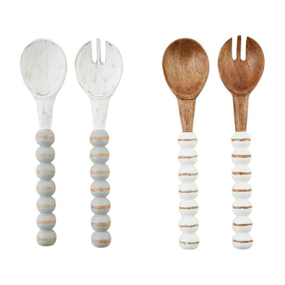 gray and white with white and natural beaded serving utensils on a white background