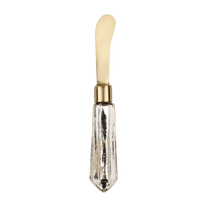 stainless steel spreader with silver mercury glass handle.