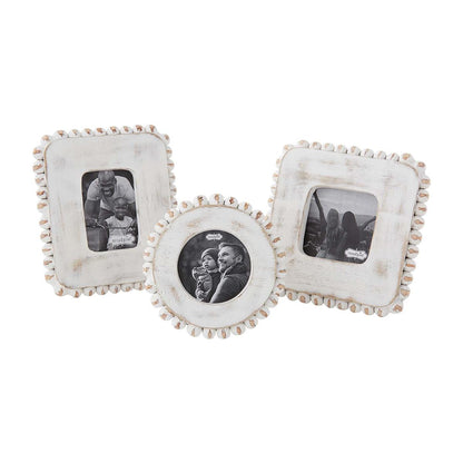 all three styles of small white beaded frame against a white background