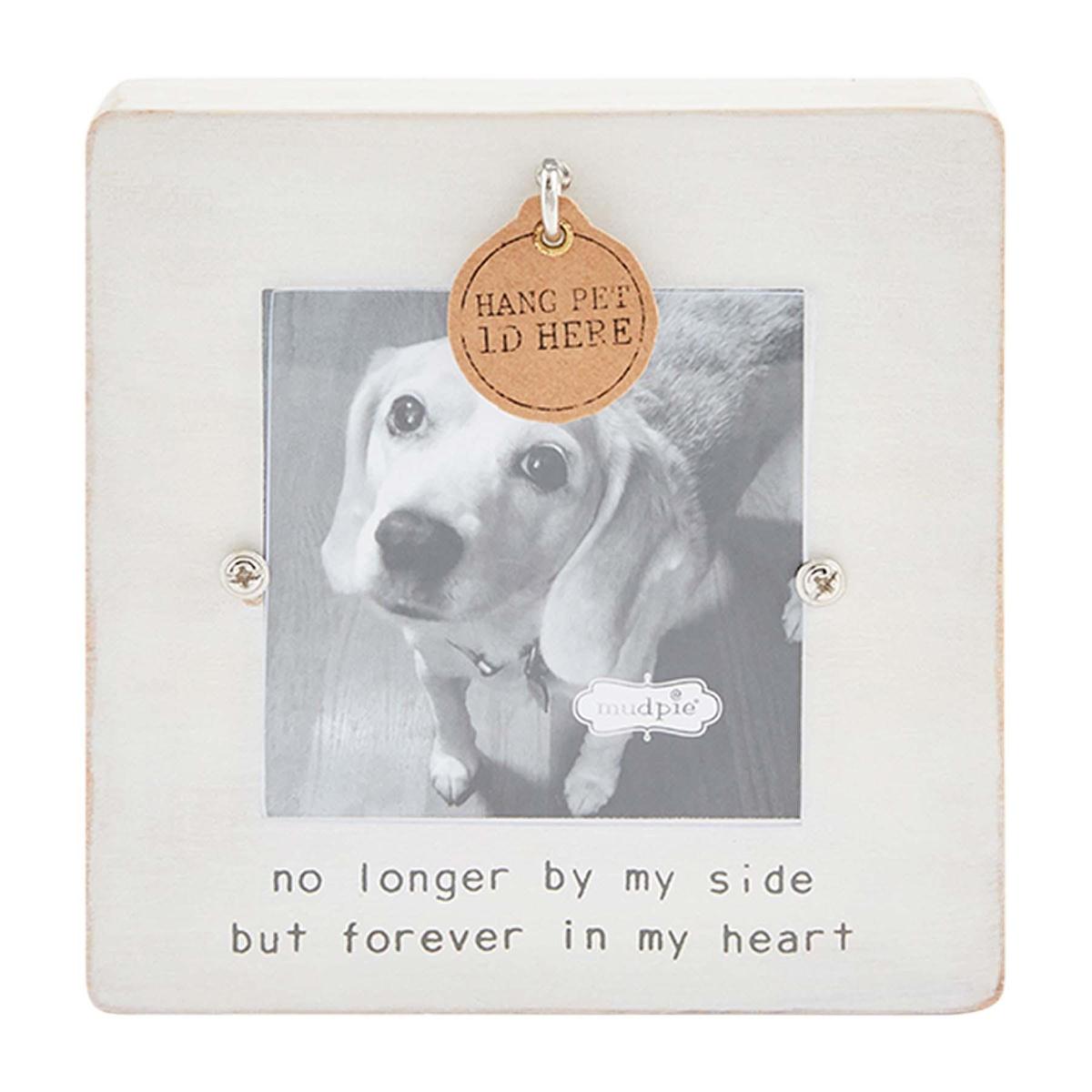 white wooden pet frame with text "no longer by my side but forever in my heart" printed on it.