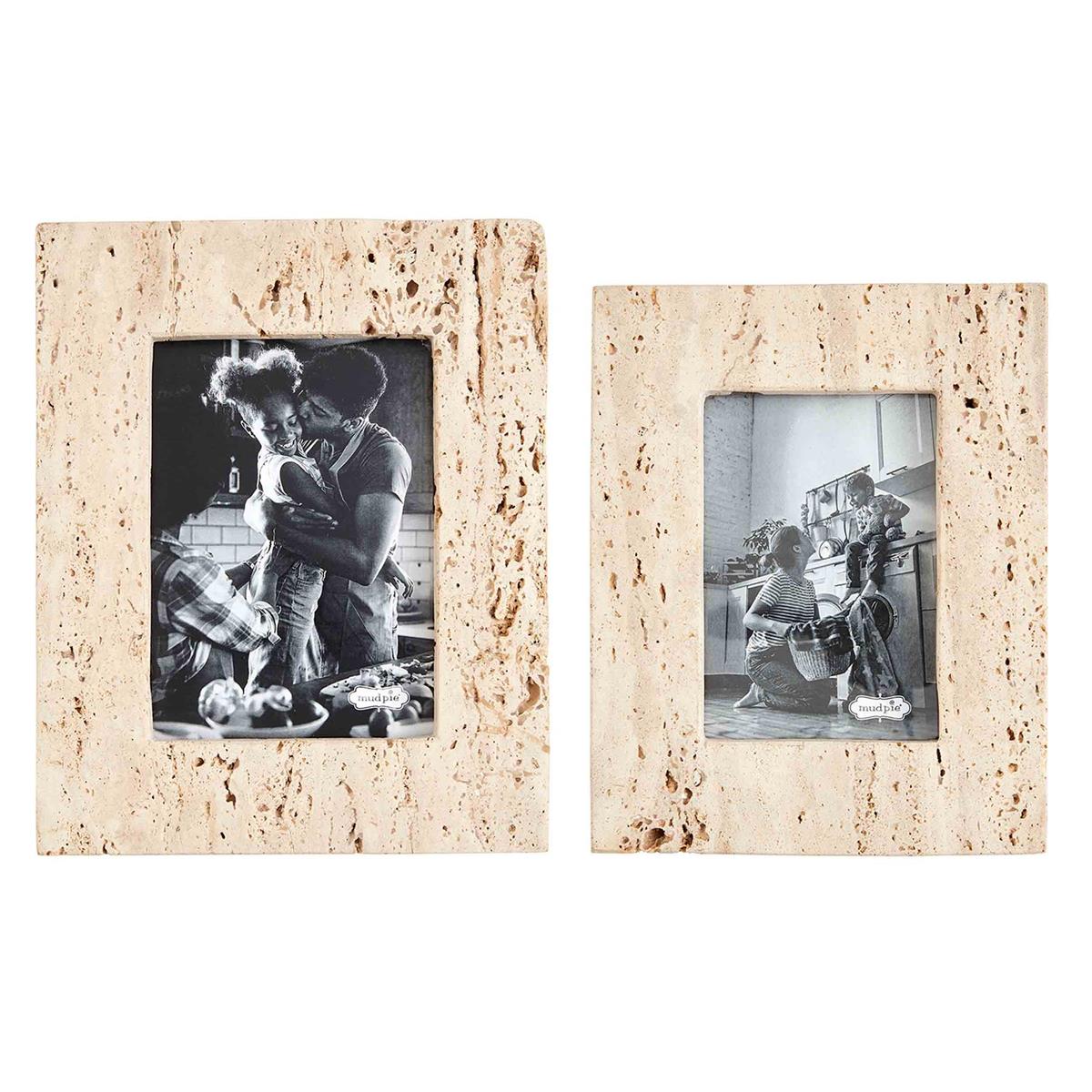 small and large cream travertine frames on a white background