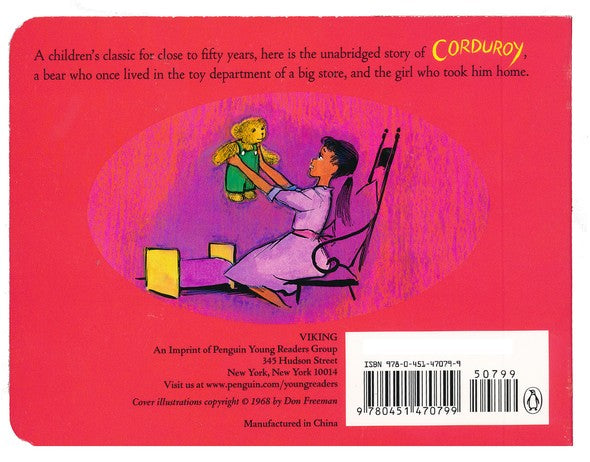 back cover of book is pink with illustration of a girl holding up a bear and text