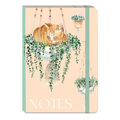 peach colored notebook with artwork of an orange cat sitting in a hanging potted plant and "notes" along the bottom.