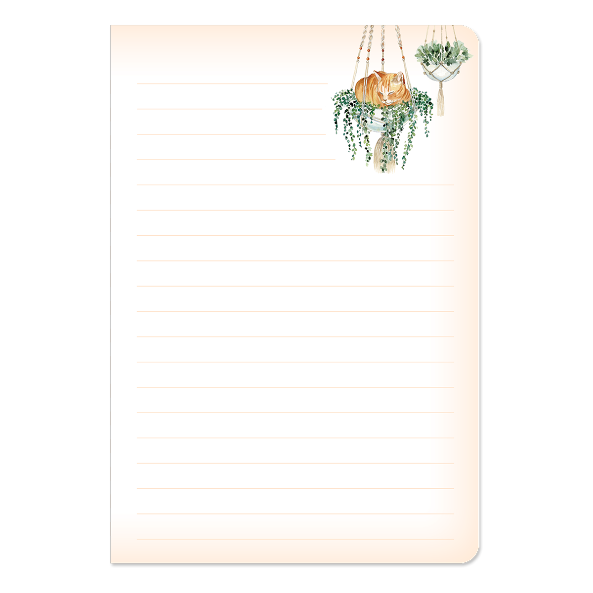 example lined page of notebook with cat sitting in plant in top corner.