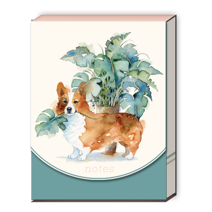 cover of notebook with watercolor artwork of a corgi and plant.