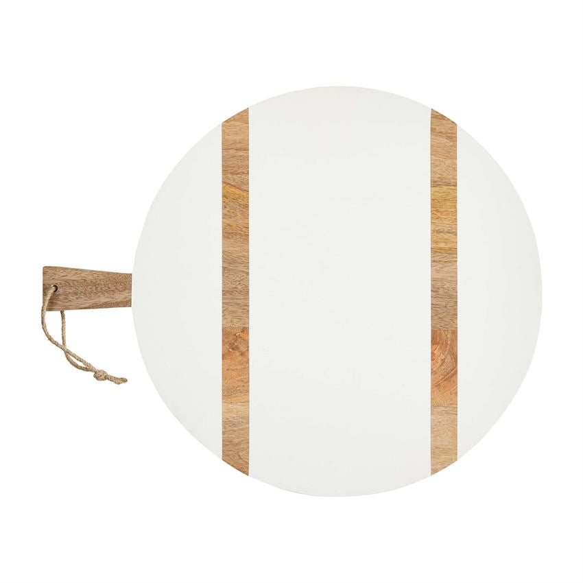 round wood board with handle on a white background