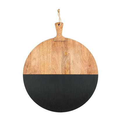 round black and natural wood board on a white background