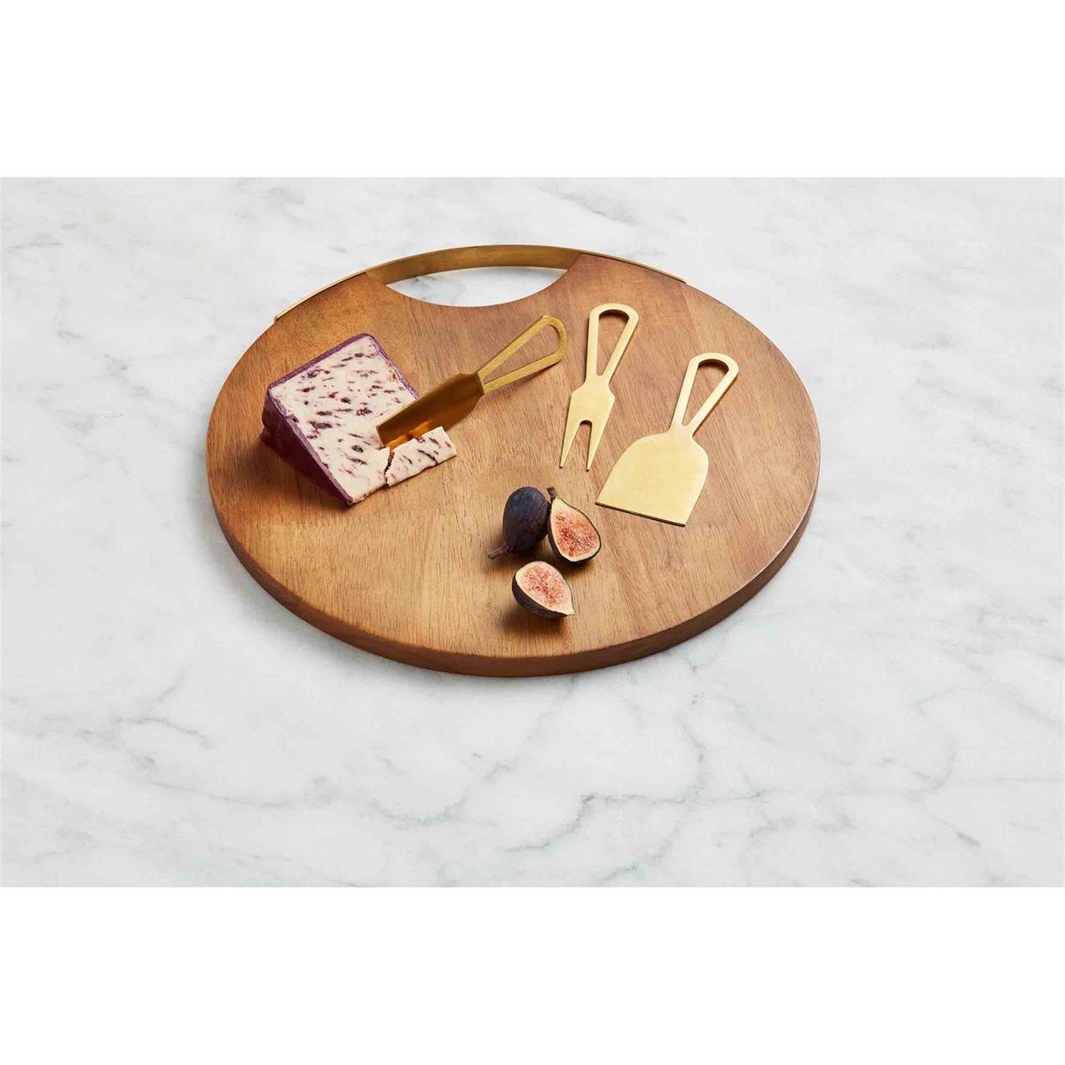 magnetic serving board and cheese knife set displayed with hard cheese and fruit on a white and gray marble surface