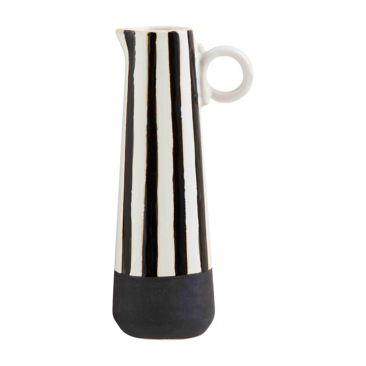 medium vase has white and black vertical stripes with a matte black bottom against a white background