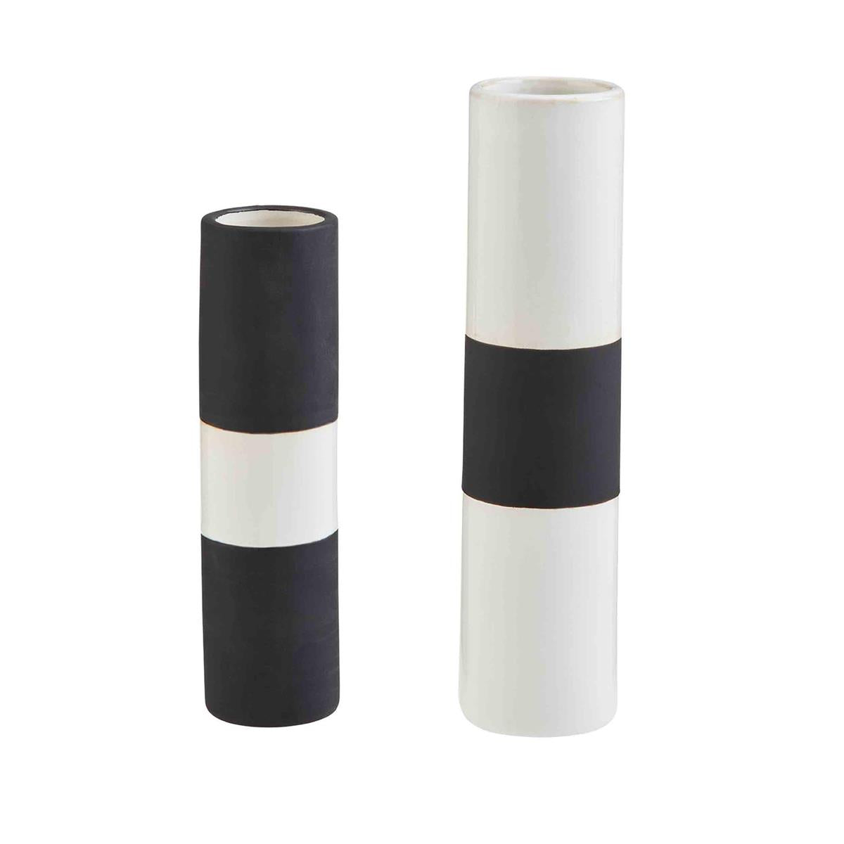 2 sizes of vases, small vase is black with white stripe around the center, large vase is white with black stripe around the center.