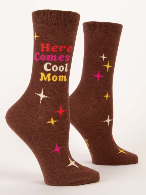 here comes cool mom crew socks on a white background