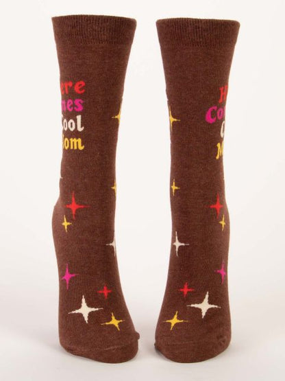 front view of here comes cool mom crew socks on a white background