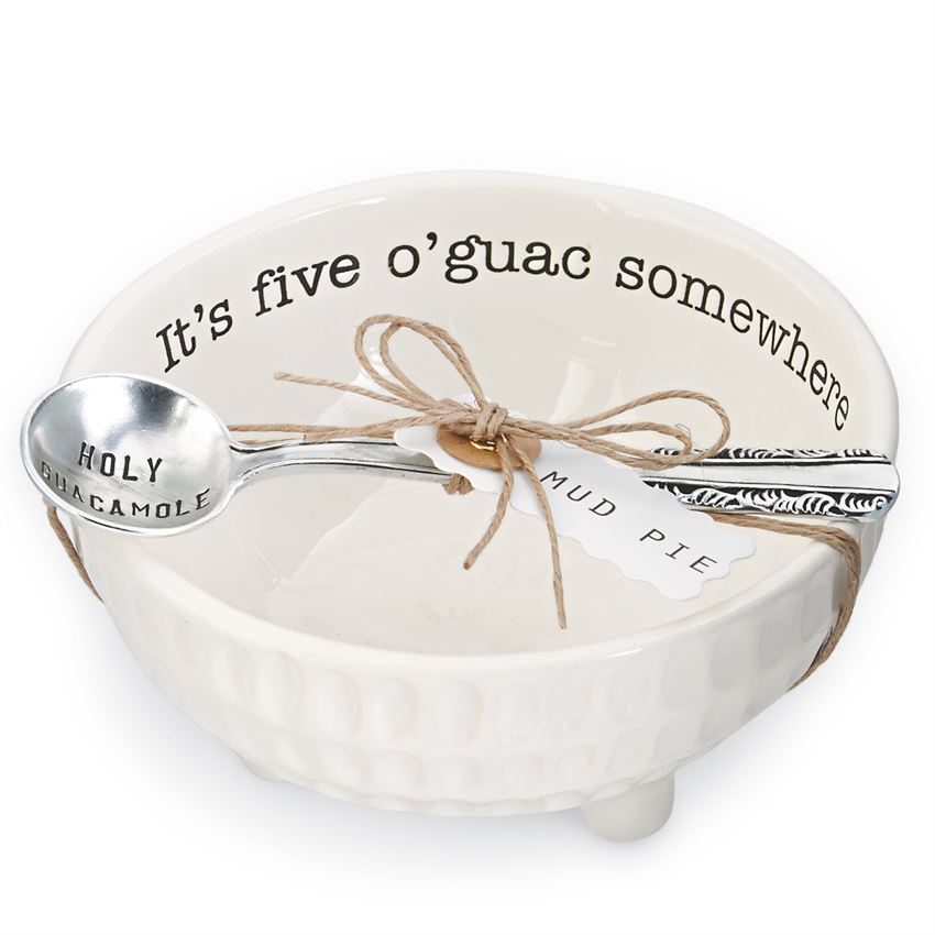 guacamole dip cup and spoon displayed tied together with a twine bow on a white background