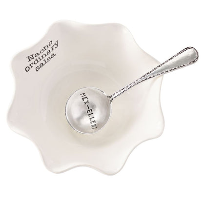 top view of the salsa dip bowl and spoon on a white background