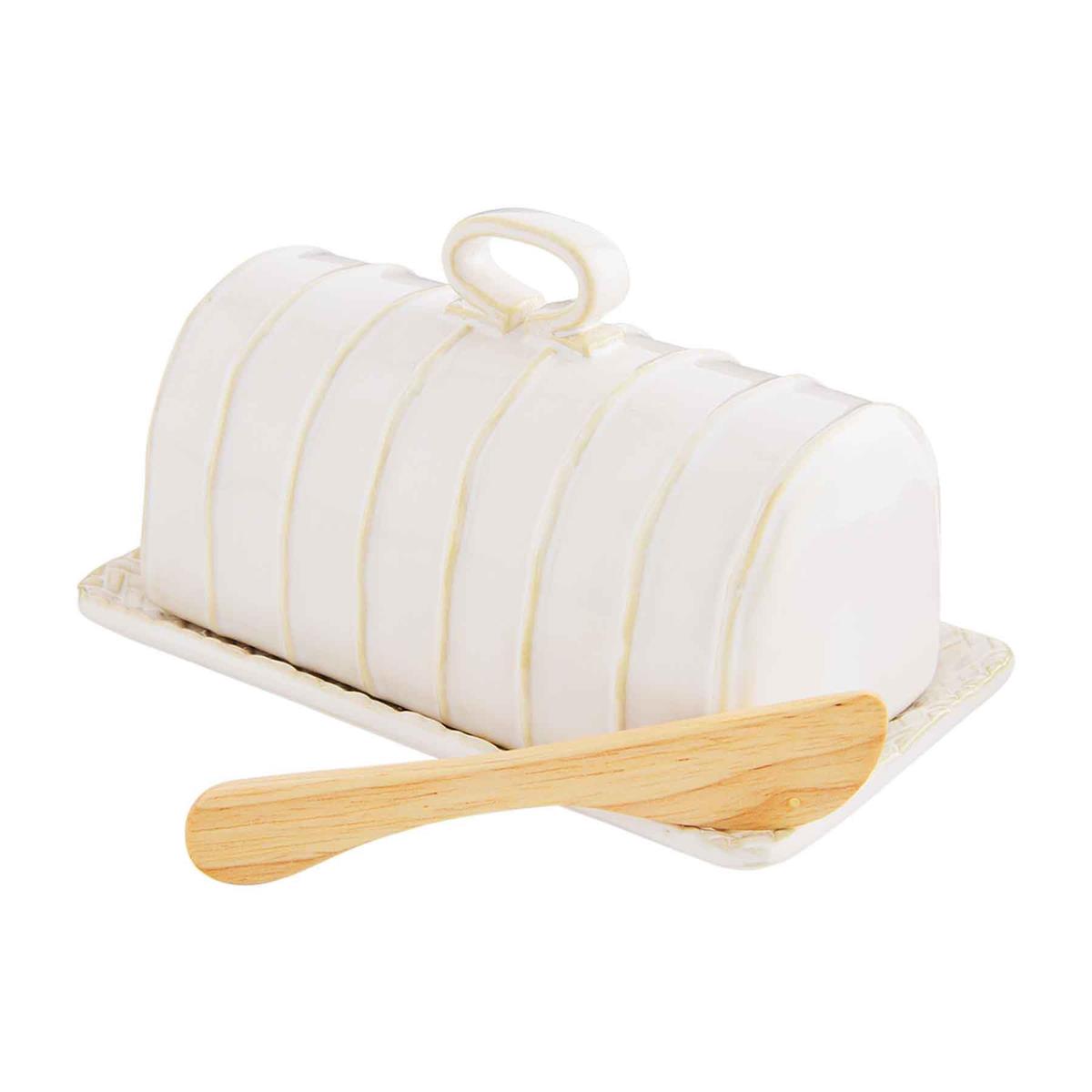 textured butter dish set on a white background