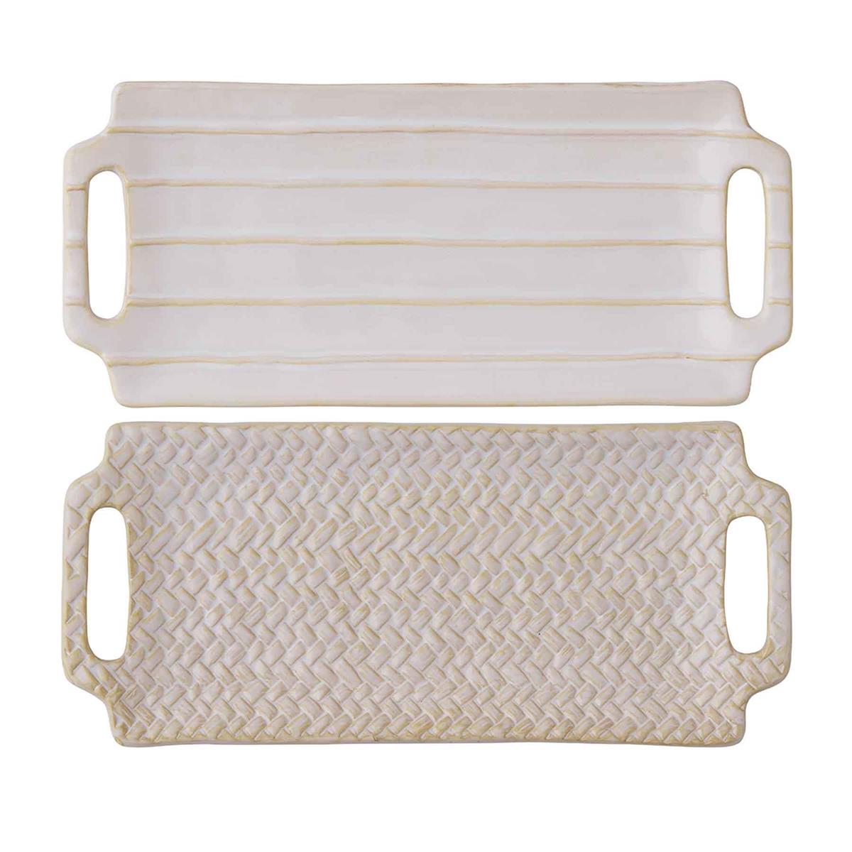 both styles of textured stoneware trays on a white background