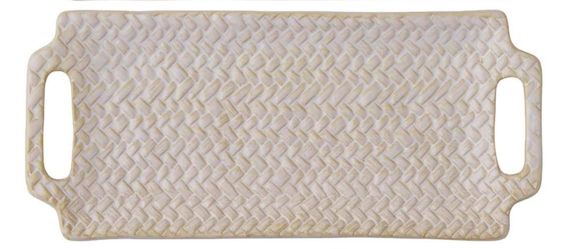 basket weave textured stoneware tray on a white background
