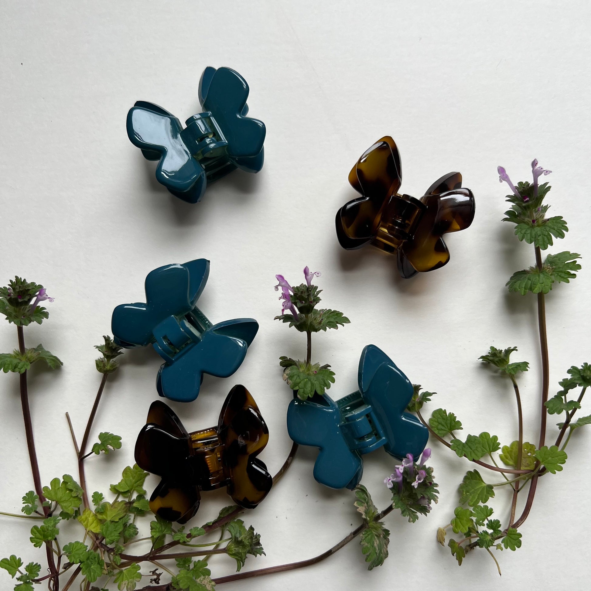 5 butterfly clips arranged on a white background with greenery.