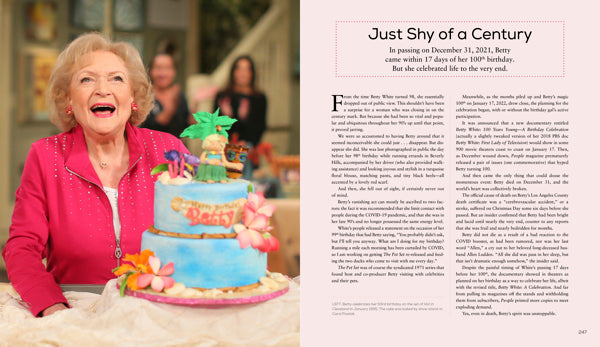 inside view of two pages with a picture of betty white sitting with a cake and the other page is filled with text