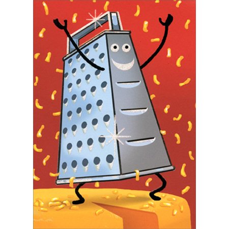 front of card is a drawing of a cheese grater with a face, arms, and legs and shredded cheese like confetti