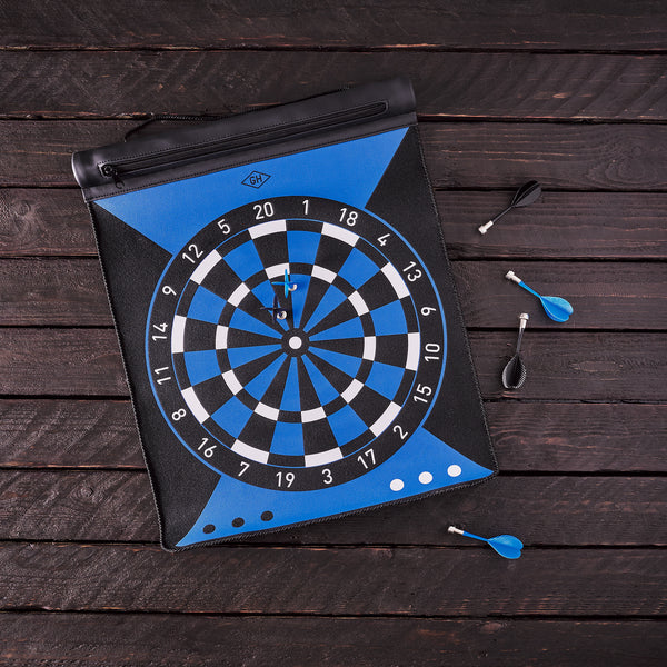 the dartboard roll displayed on a dark stained wood background