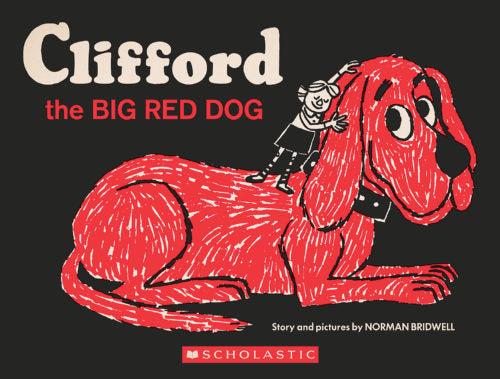 cover of book has drawing of big red dog with girl standing on back, title, and authors name