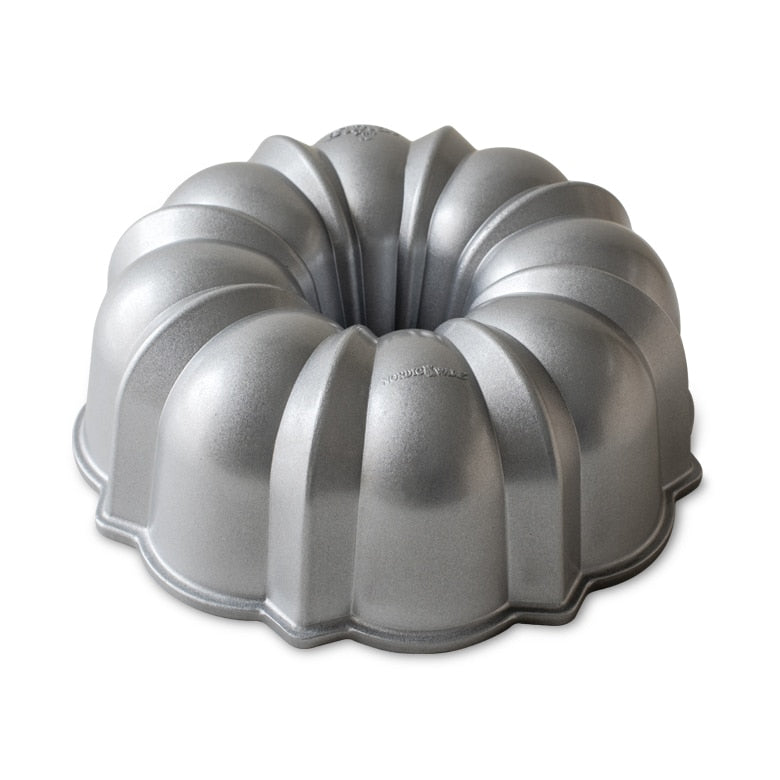 bottom view of the original sparkling silver bundt pan on a white background
