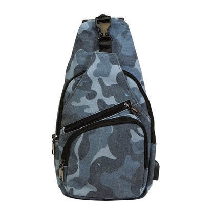 blue camo anti-theft daypack on a white background