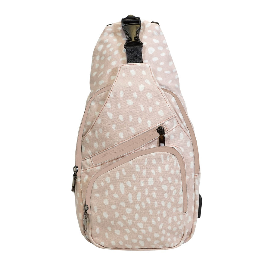 taupe anti-theft daypack with fawn pattern on a white background.