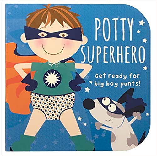 blue front cover of book with illustration of boy superhero wearing underwear next to superhero dog, and title
