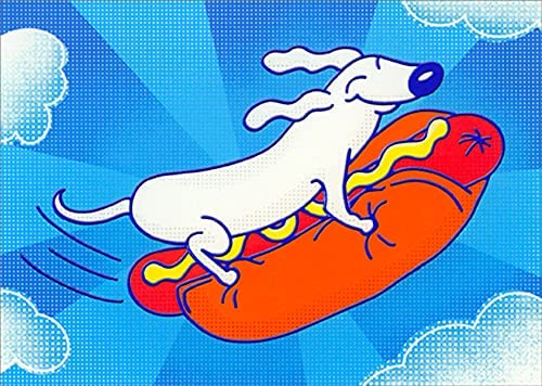 front of card is a dog riding a hot dog in the sky