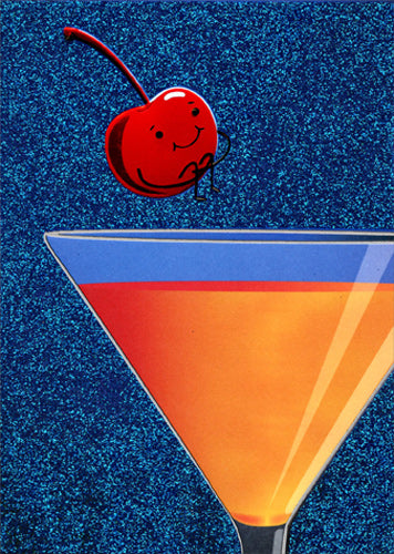 front of card is a drawing of a martini with a smiling cherry jumping in the glass