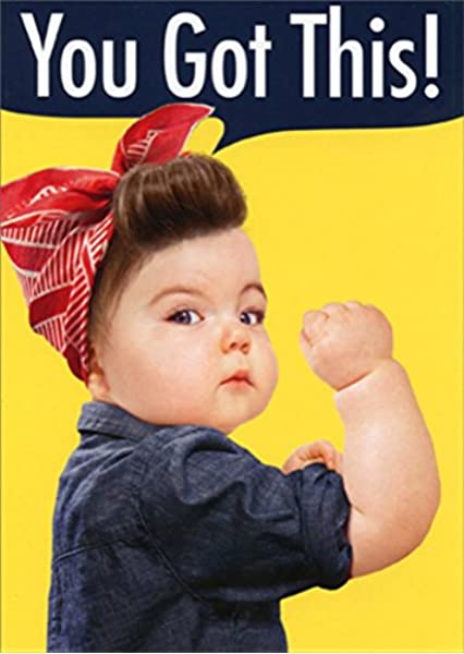 front cover of card has a baby girl dressed as rosie the riveter 
