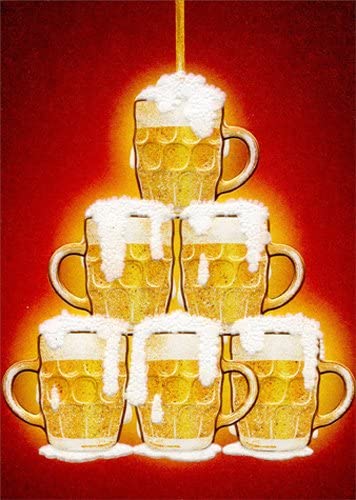 front of card is a drawing of beer mugs over flowing and stacked up in a triangle