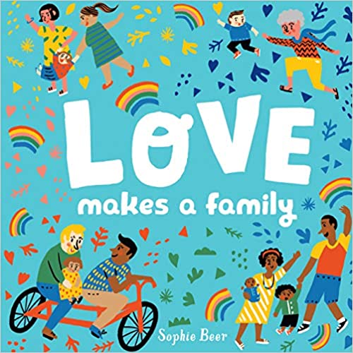 front cover of book is blue and have illustrations of families doing different things, title, and authors name