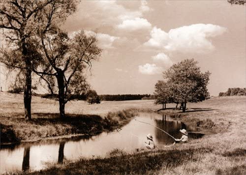 front of card is photograph of two small kids fishing on a creek