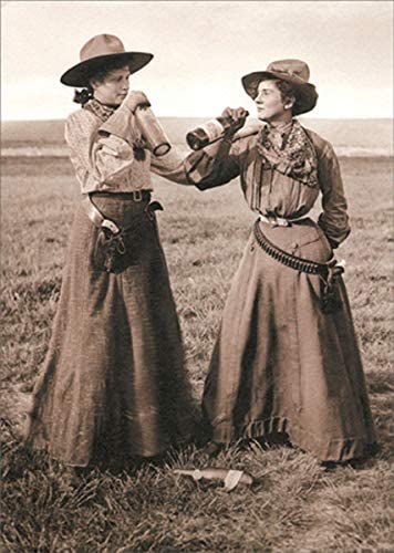 front of card is a photograph two women dressed in western gear and drinking from bottles