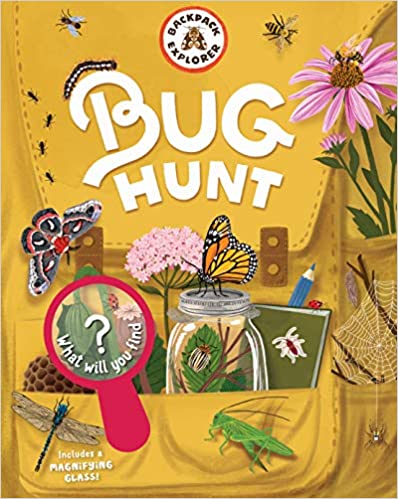 cover of book is yellow with a bag full of flowers, bug jar, pencils, bugs flying around, and title