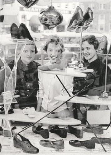 front of card has old black and white photo of three women window shopping shoes