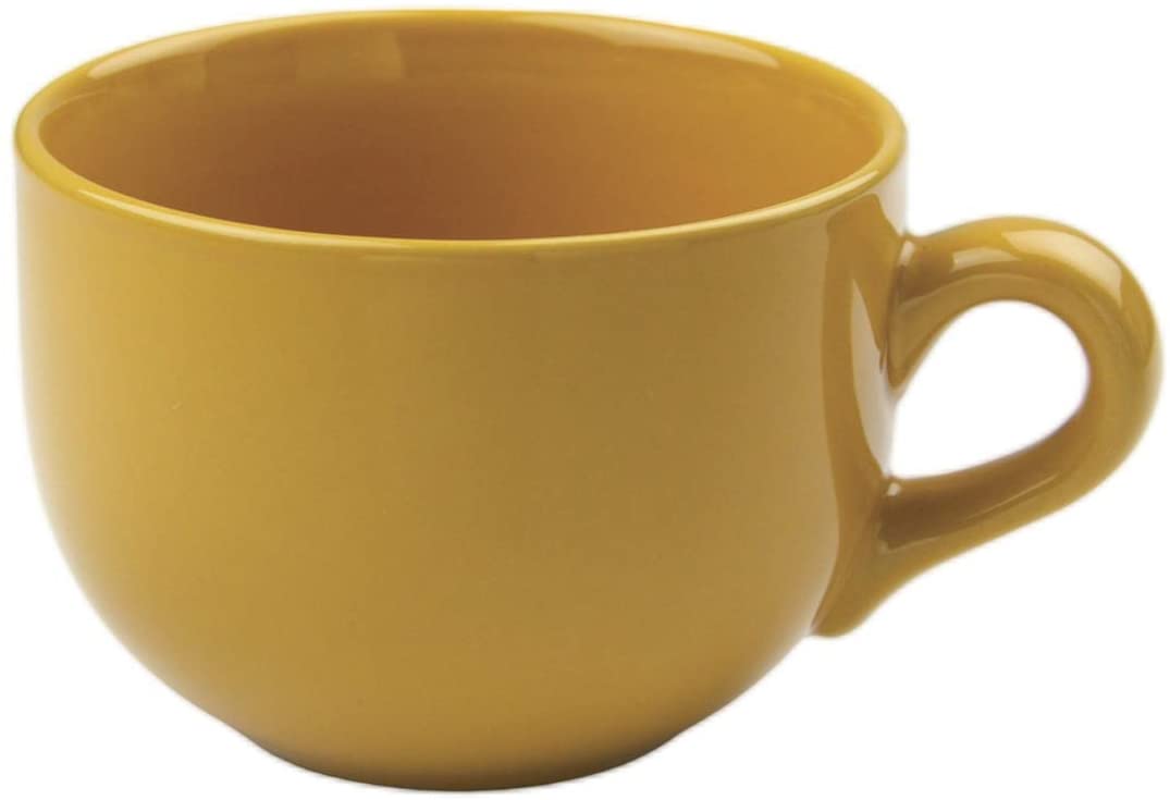 gold colored large soup mug on white background.
