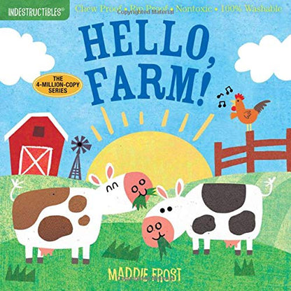 cover of book has illustrations of two cows eating grass, a rooster crowing on a fence, and a barn in the background, title, and author's name
