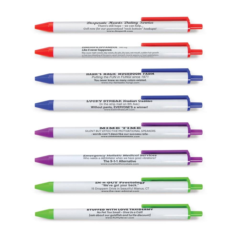 8 pens with assorted fake advertisements printed on them.