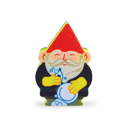 gnome holding clean dishes sponge on a white background