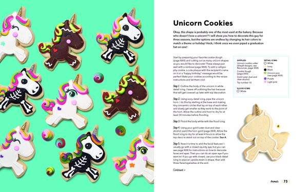 third set of pages is a picture of decorated unicorn cookies on a turquoise background and the next one has text