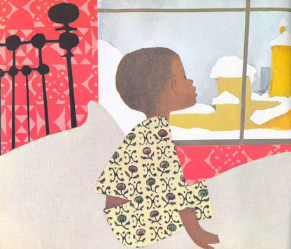 illustration of a boy sitting in bed looking out the window looking at the snow