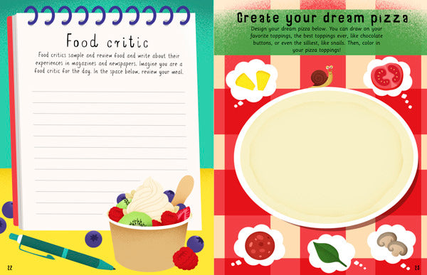 inside view of two pages with drawings of a tablet, bowl of fruit, red checked tablecloth with a plate on it, and text