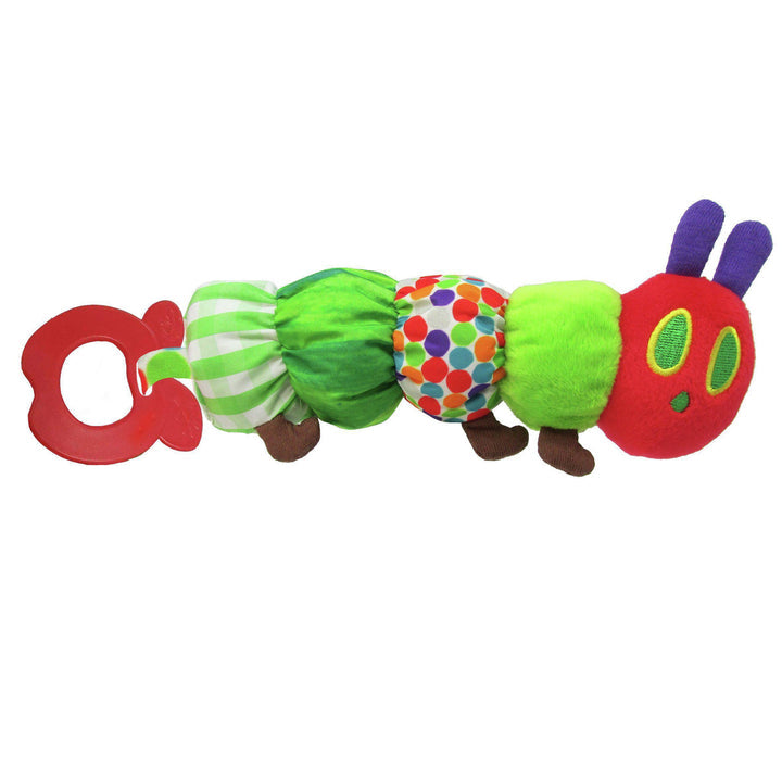 the very hungry caterpillar teether rattle displayed against a white background