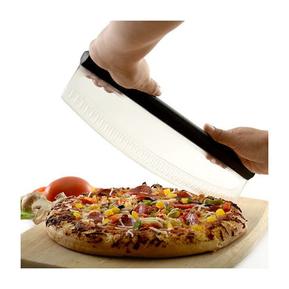 hands holding pizza slicer on pizza.