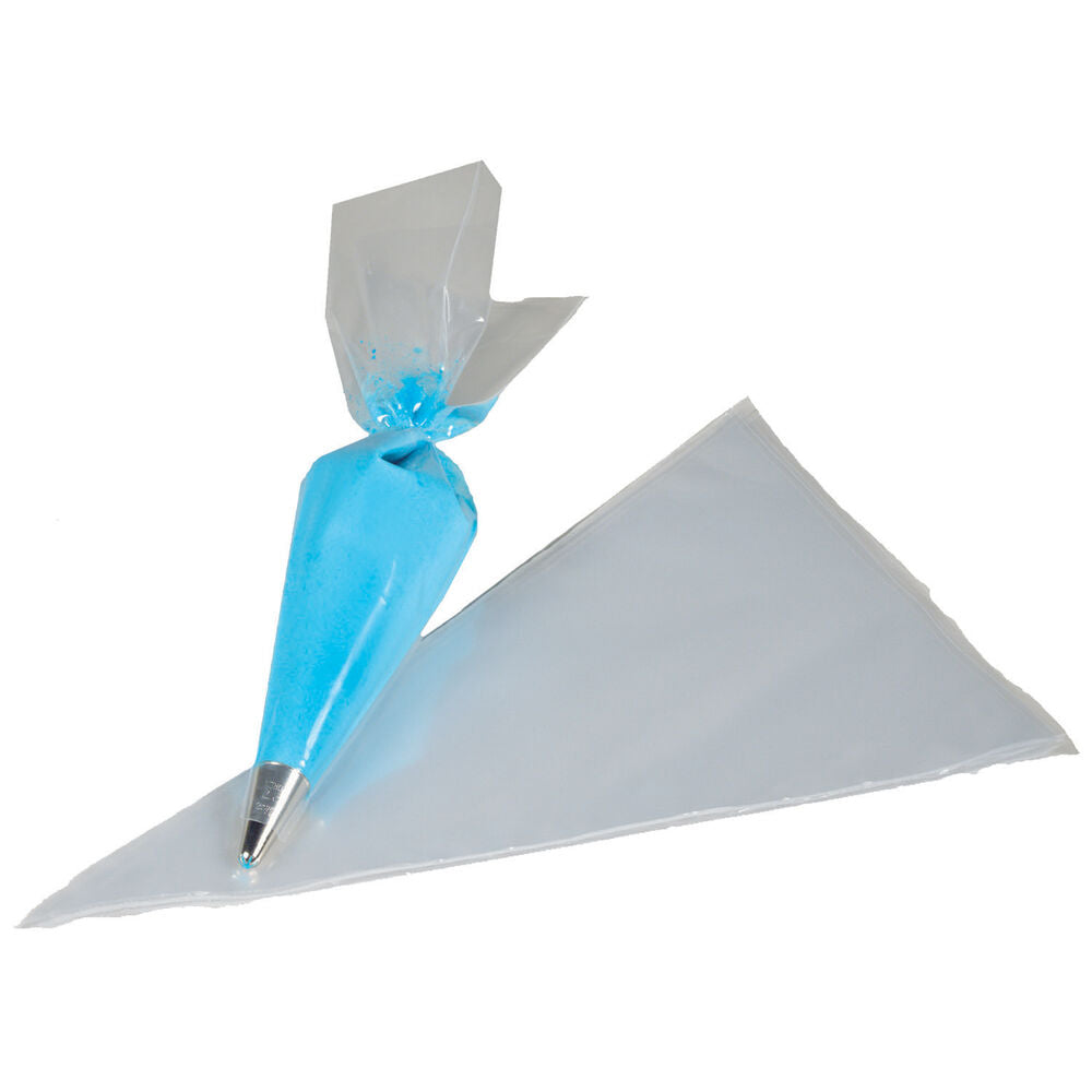 a soft disposable bag filled with icing and one displayed flat on a white background